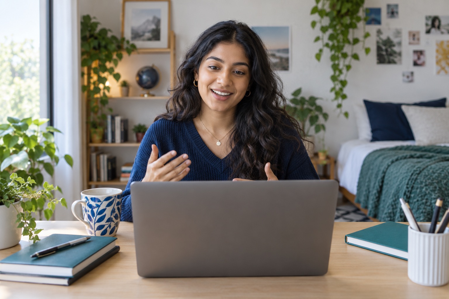 International student recording answers to an admissions interview from home
