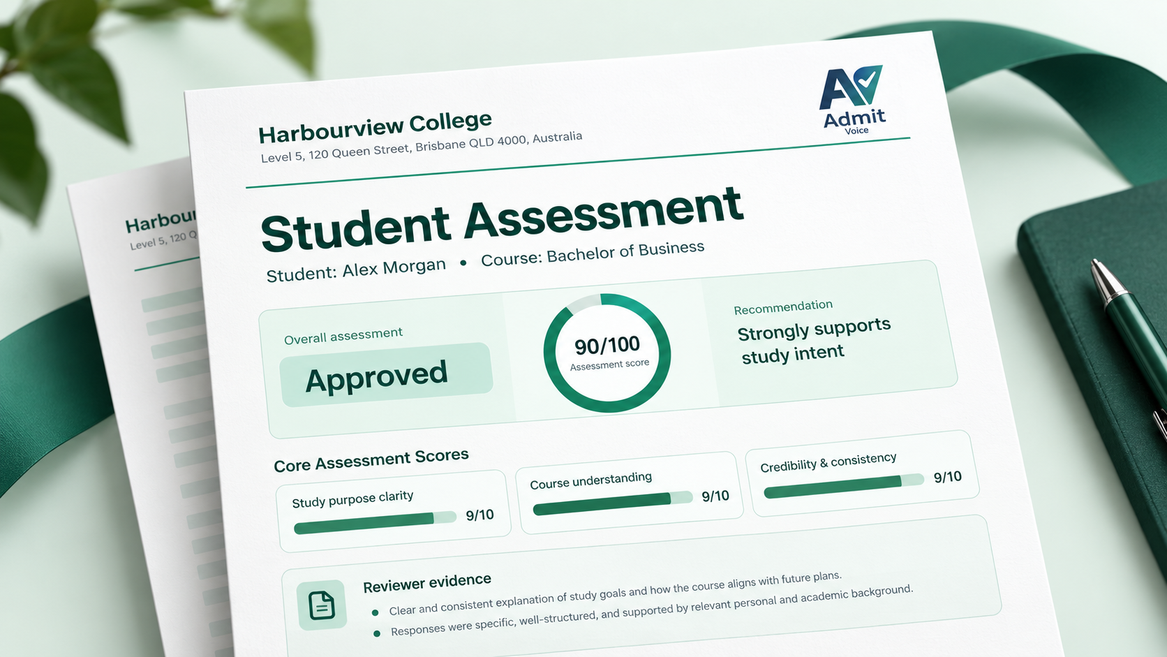 Illustrative student assessment showing an application outcome, reviewer score and study intent evidence